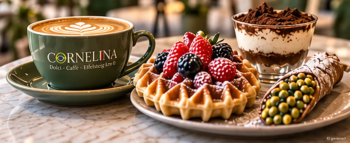 Teller mit Waffel und Beeren, Tiramisù im Glas und Cannolo mit Pistazien