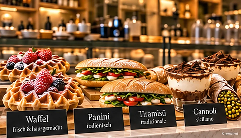 Produktvitrine mit Waffel, Panini, Tiramisù und Cannoli mit Schildern (KI-Visualisierung)